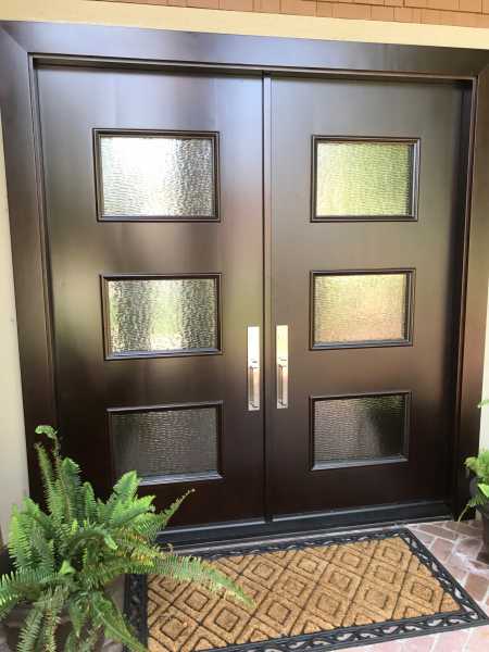 image detail page for Modern accoya wood double front entry doors with custom glass