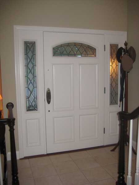 image detail page for Painted single entry door with custom glass and sidelights